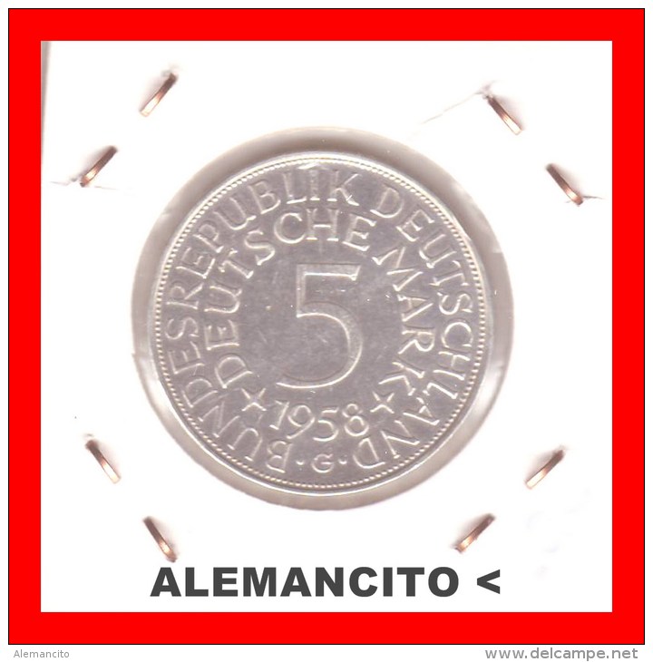 ALEMANIA -  MONEDA DE 5 DM PLATA CECA . G -AÑO 1958 - 5 Mark