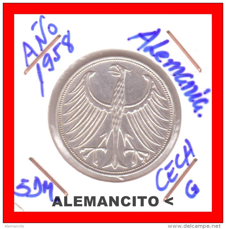ALEMANIA -  MONEDA DE 5 DM PLATA CECA . G -AÑO 1958 - 5 Marcos