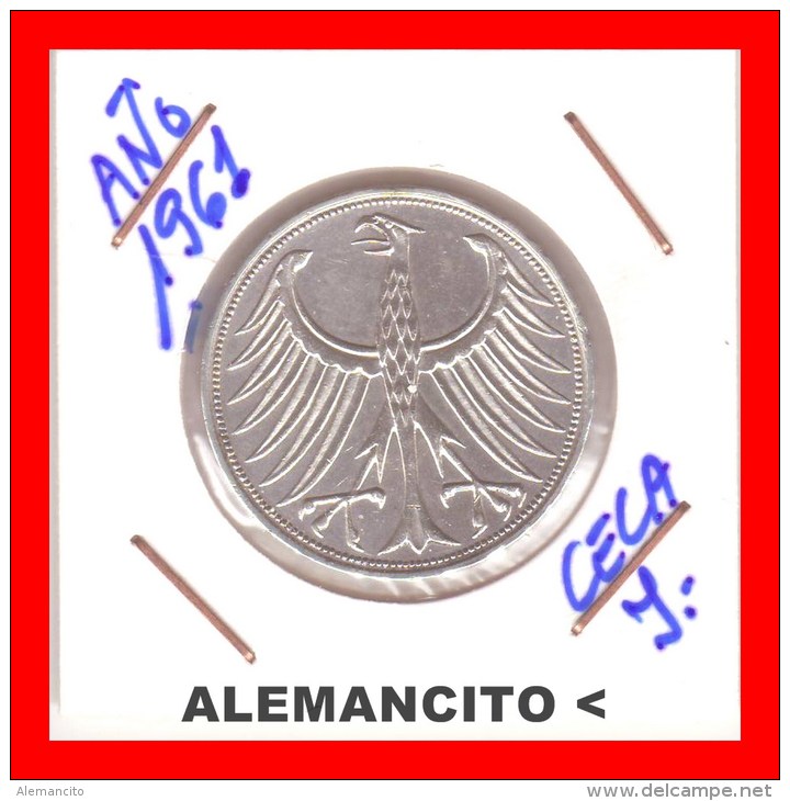 ALEMANIA -  MONEDA DE 5 DM PLATA CECA . J -AÑO 1961 - 5 Marcos