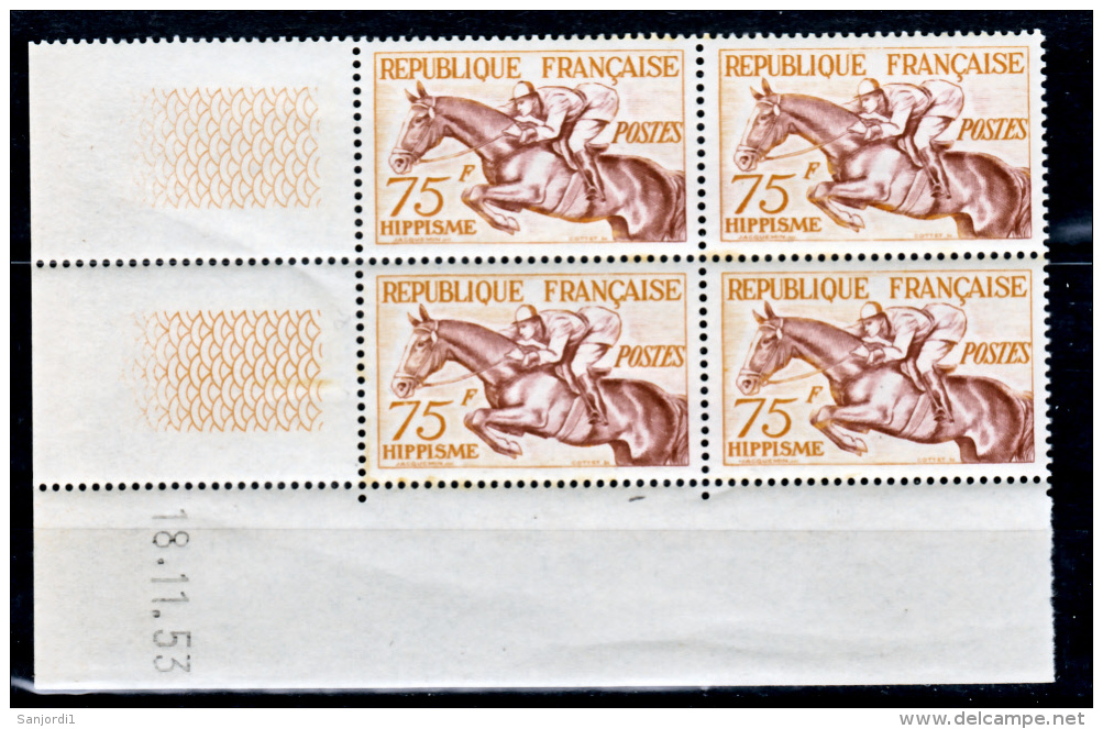 France  965 Hippisme Bloc De 4 Coin Daté 18 11 53 Neuf ** TB MNH Sin Charnela Cote 210 - 1950-1959