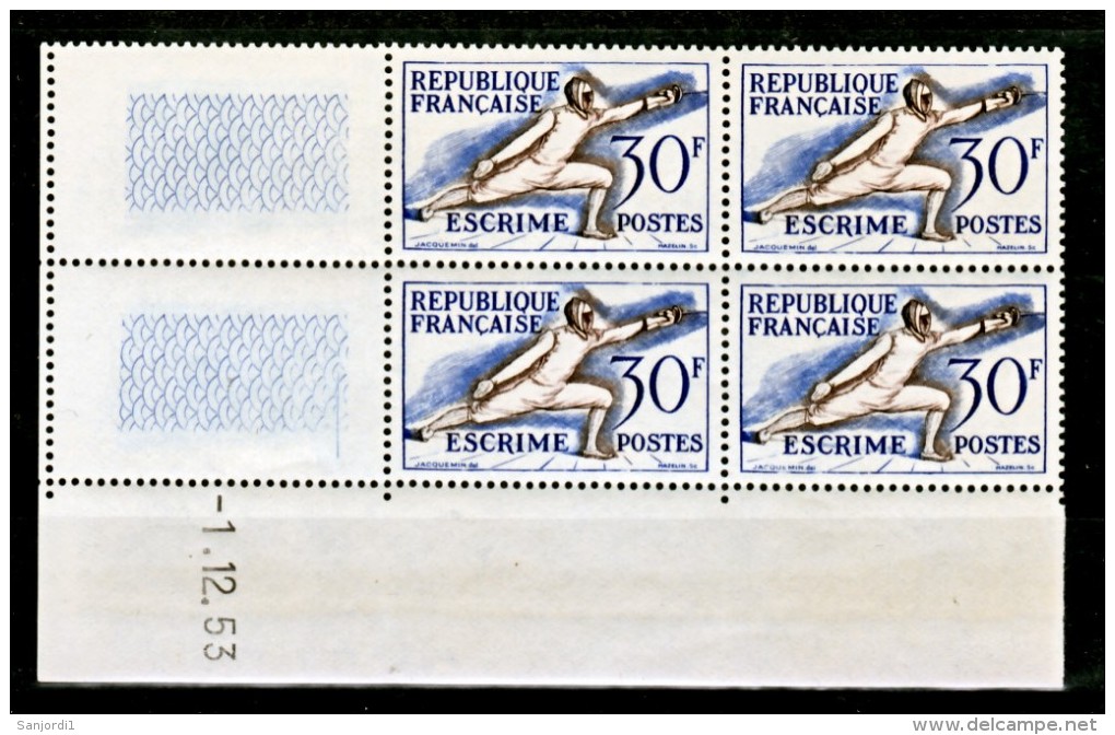 France  962 Escrime Bloc De 4 Coin Daté 1 12 53 Neuf ** TB MNH Sin Charnela Cote 18 - 1950-1959