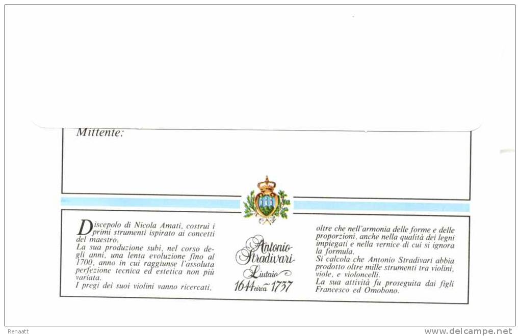 San Marino 1987 Cover Mint, Antonio Stradivarius, Violin Violinist - Entiers Postaux