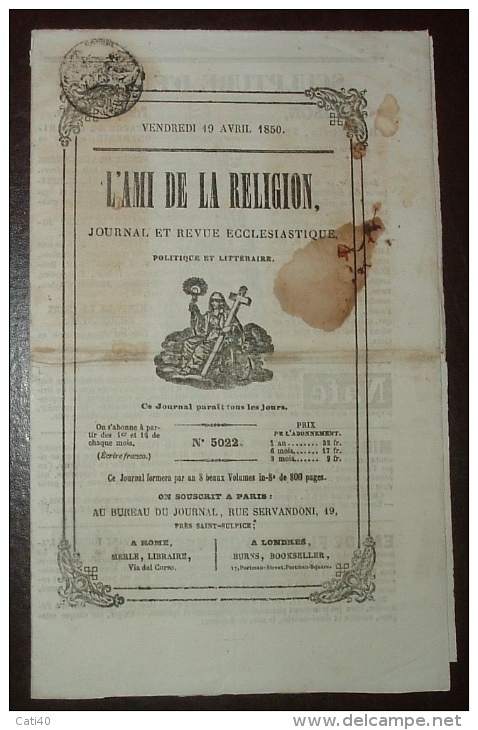 L'AMI DE LA RELIGION JOURNAL ET REVUE ECCLESIASTIQUE - GIORNALE POLITICO E LETTERARIO  1850 -  EDITO A ROMA E LONDRA - Ante 1900