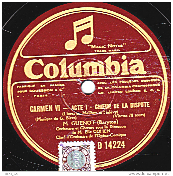 Disque - 78 Tours - 30 Cm 6 état EX -  M. GUENOT - CARMEN -  CHOEUR  DE LA DISPUTE  HABANERA - 78 T - Disques Pour Gramophone
