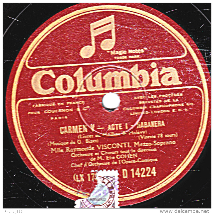 Disque - 78 Tours - 30 Cm 6 état EX -  M. GUENOT - CARMEN -  CHOEUR  DE LA DISPUTE  HABANERA - 78 T - Disques Pour Gramophone