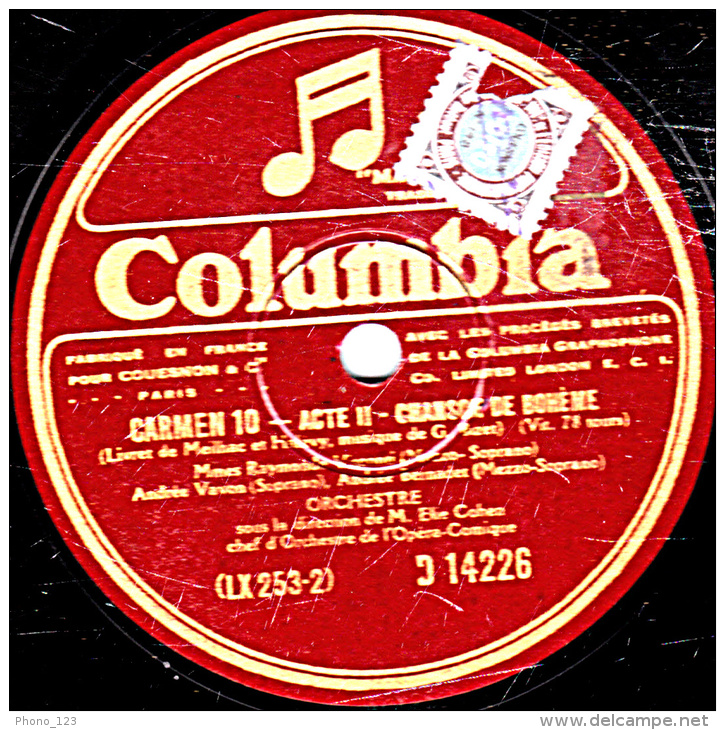 Disque - 78 Trs - 30 Cm - état EX -  Raymonde VISCONTI, Adré VAVON, G. THILL - CARMEN - CHANSON DE BOHEME -  SEGEDILLE - 78 T - Disques Pour Gramophone