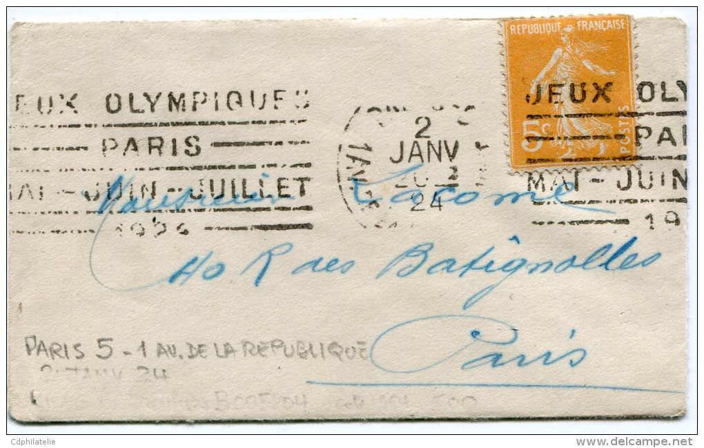 FRANCE THEME J. O. LETTRE AVEC OBLITERATION PARIS 2 JANV 24 + FLAMME "JEUX OLYMPIQUES PARIS MAI - JUIN - JUILLET 1924" - Sommer 1924: Paris
