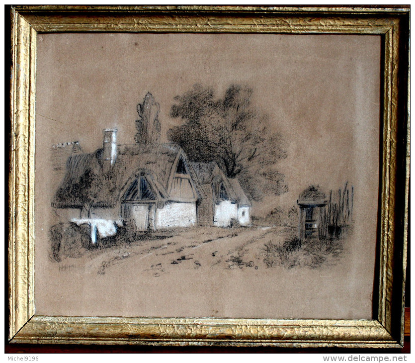 Ancien Dessin Crayon Et Fusain Sur Papier Bistre - Disegni