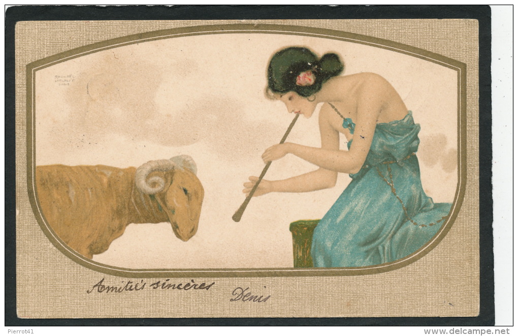 FEMMES - FRAU - LADY - Jolie Carte Fantaisie ART NOUVEAU Femme Musicienne Et Bélier Signée RAPHAEL KIRCHNER - Kirchner, Raphael