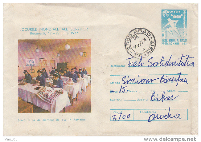 HANDICAPS, DEAF PEOPLE'S WORLD GAMES, COVER STATIONERY, ENTIER POSTAL, 1977, ROMANIA - Handicaps