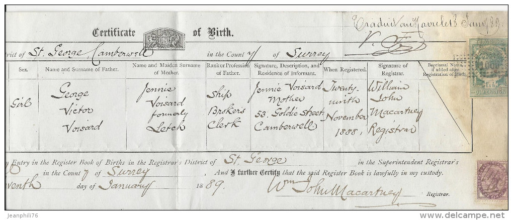 Certificat De Naissance (certificate Of Birth) "consulat De France* Londres* Traduit Au Havre - Unclassified