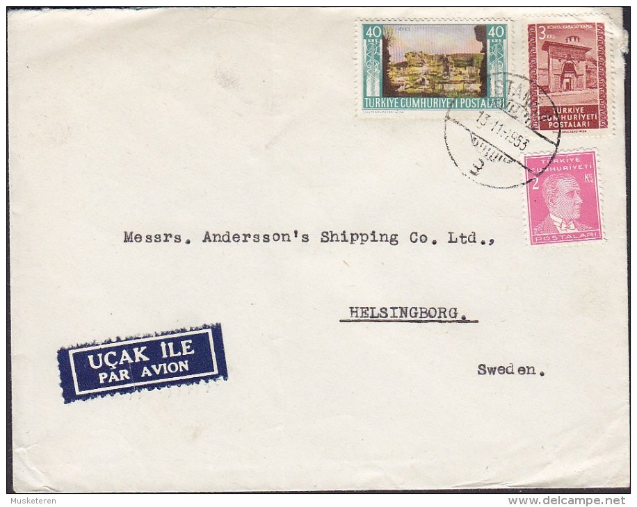 Turkey UCAK ILE Par Avion Label ISMAIL ENVER SUBASI, Galata ISTANBUL 1953 Cover Lettera HELSINGBORG Sweden (2 Scans) - Luftpost