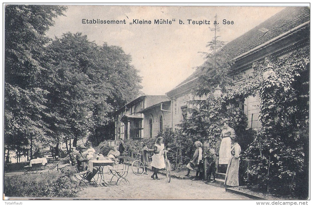 TEUPITZ Am See Bei Berlin Etablissement KLEINE MÜHLE Belebt Radfahrer 11.5.1908 Gelaufen - Teupitz