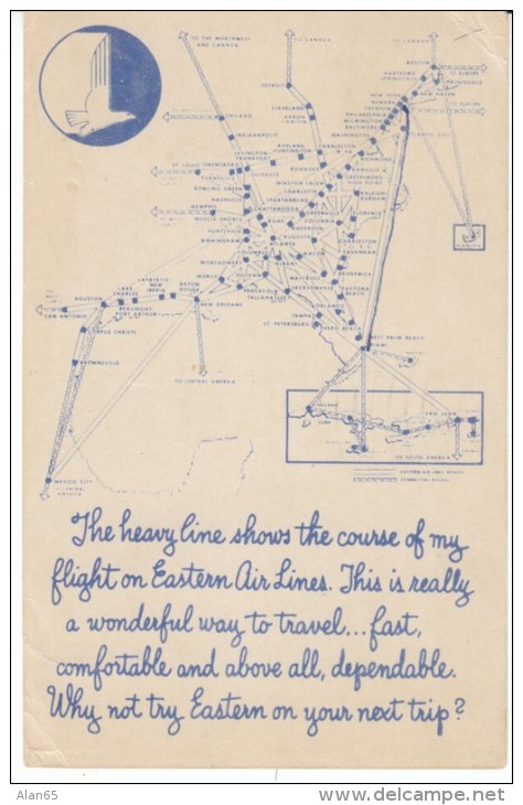 Eastern Airlines Route Map East Coast USA,  C1940s Vintage Postcard - Sonstige & Ohne Zuordnung