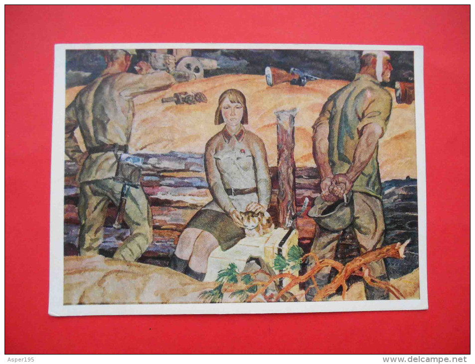 USSR Socialist Realism Soviet Woman Soldier. Soviet Art ODAYNIK. Postcard 1972 - Pintura & Cuadros