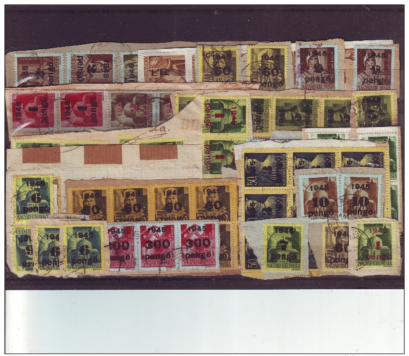#4880 Hungary, Lot Of 28 Fragments, 72 Stamps From Inflation Period 1945-46, Unclear Date - Lettres & Documents