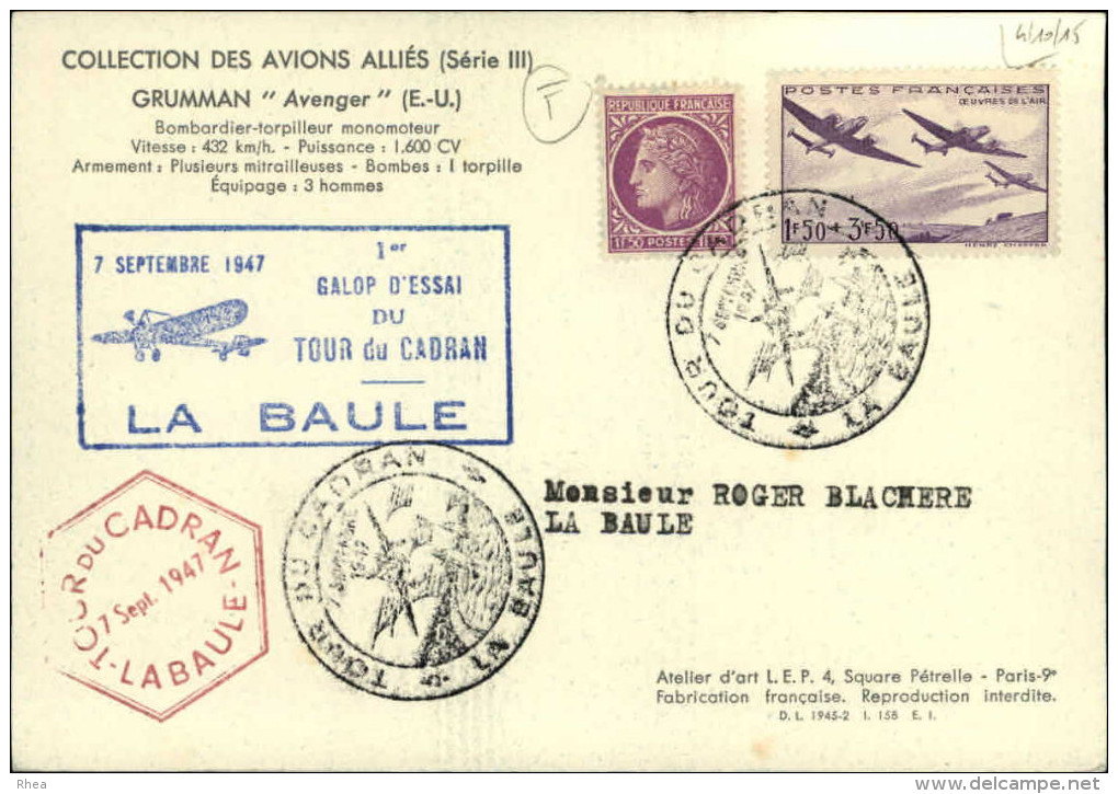 AVIATION - AVIONS MILITAIRES - GRUMMAN - Tour Du Cadran - Meeting LA BAULE 1947 - Cachets Très Intéressants - 1939-1945: 2ème Guerre
