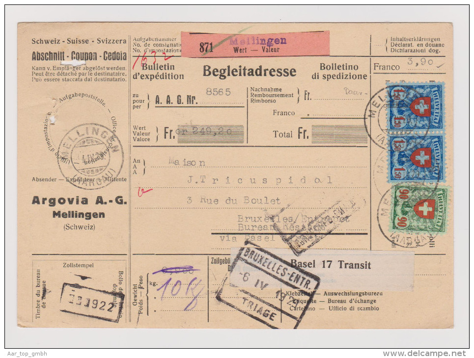 Heimat AG Mellingen 1928-04-04 Paketkarte Nach Brüssel Belgien Frank.Paar CHF 1.50+90Rp - Covers & Documents