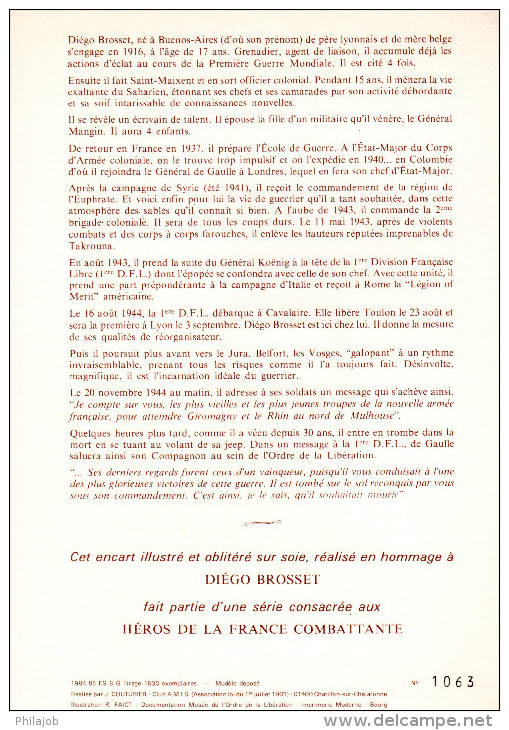 FRANCE 1984 : Encart 1er Jour En Soie (A.M.I.S.) N°té (1063/1500) " GENERAL DIEGO BROSSET " N° YT 1668 2313. - 2. Weltkrieg