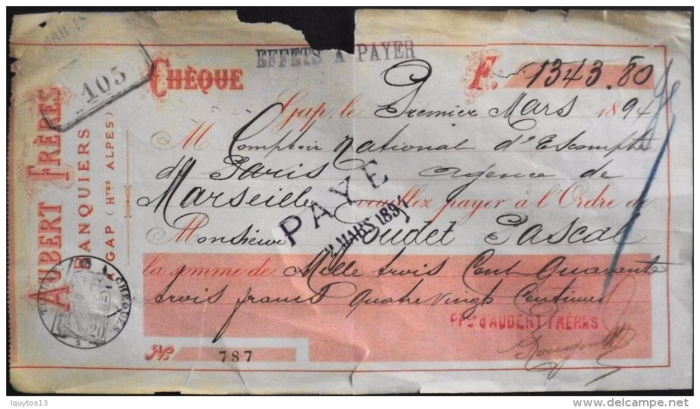 FR 1894 - CHEQUE De AUBERT FRERES BANQUIERS à GAP ( Htes-Alpes ) En L'Etat - - Chèques & Chèques De Voyage