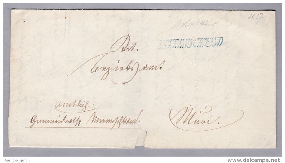 Heimat AG MERENSCHWAND 1857-06-28 Blau Kursiv-Lang-Stempel Auf Amtlich Brief Nach Muri - ...-1845 Prefilatelia