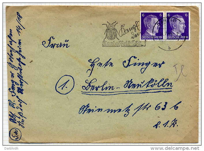 DANZIG 1944 Hitler 6 Pfg.  X 2 On Envelope With Scarce Slogan Postmark "Kampf Dem Kartoffelkäfer" - Briefe U. Dokumente