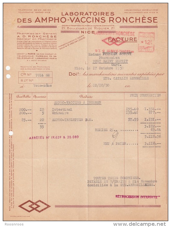 OBLITERATION MECANIQUE SUR FACTURE LABORATOIRES RONCHESE NICE THIERS AMPHO VACCINS 1950 - Oblitérations Mécaniques (Autres)