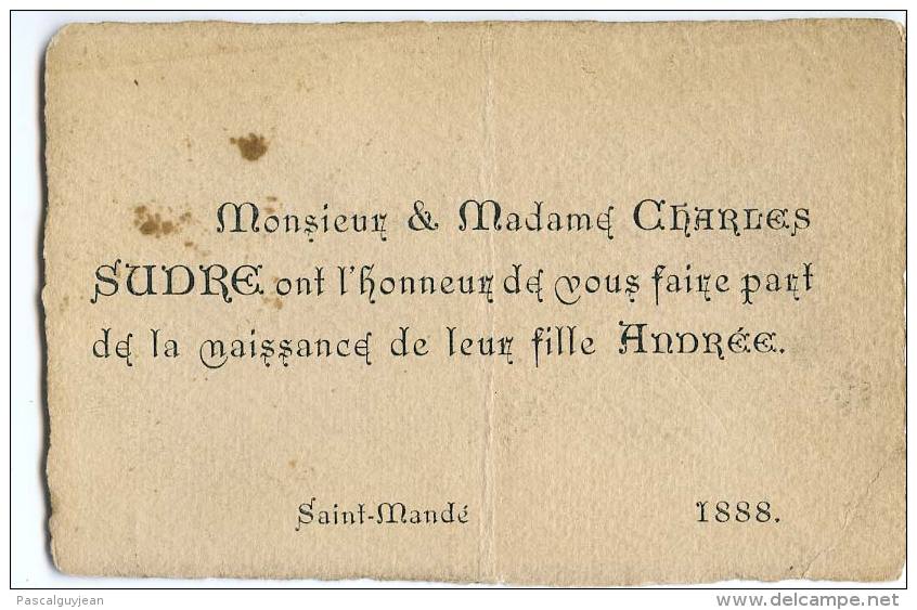 FAIRE PART DE NAISSANCE CHARLES SUDRE A SAINT MANDE - 1888 - Geboorte & Doop