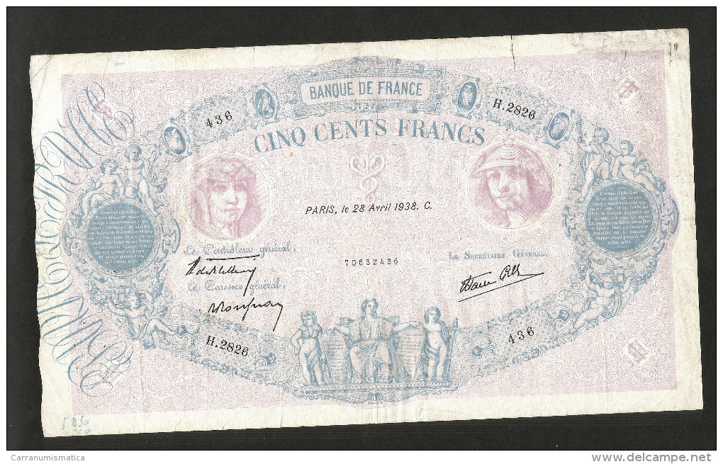 FRANCE - BANQUE De FRANCE - 500 FRANCS BLEU Et ROSE (Paris 28 / 04 / 1938 C) - 500 F 1888-1940 ''Bleu Et Rose''