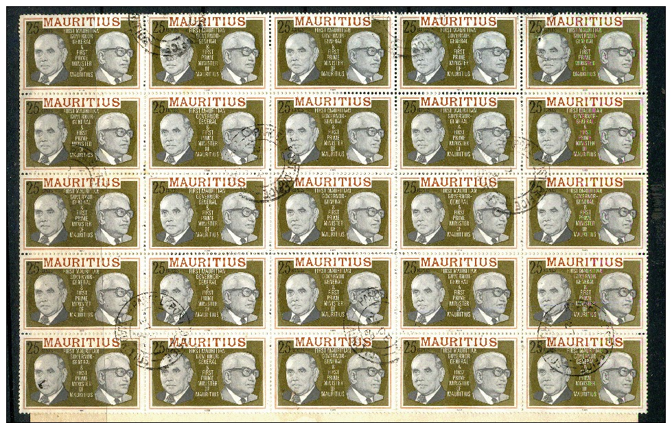 Mauritius Highet Value Of Set Showinng First Governor And Prime Minister UNUSUAL Large BLOCK Of 25 - Maurice (1968-...)