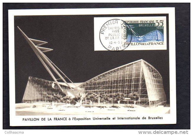 Exposition Universelle Et Internationale De Bruxelles 1956 / Pavillon De La France / Carte Maximum 1er Jour CAD Paris - Tentoonstellingen