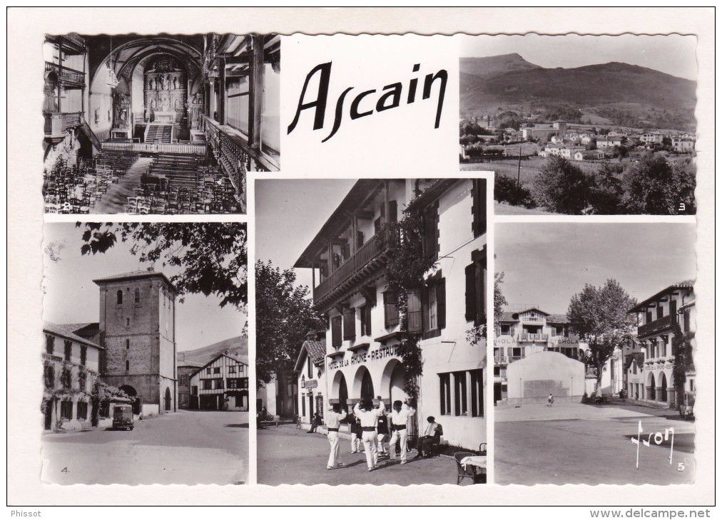 ASCAIN : Multivues(5) : L´Hôtel De La Rhune (avec Danseurs), Intérieur De L´Eglise, Vue Générale, La Place, Le Fronton - Ascain