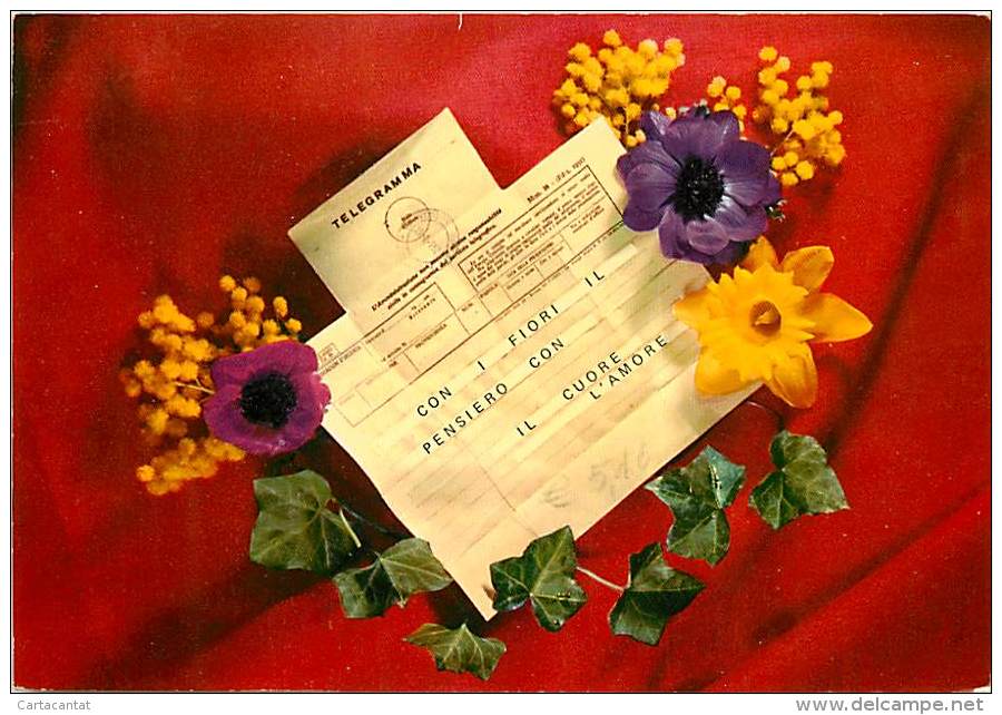 CARTOLINA ROMANTICA CON TELEGRAMMA AMOROSO E FIORI - Valentinstag