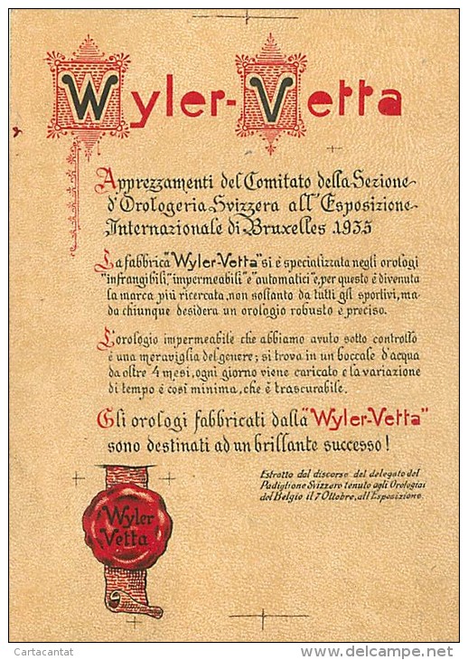 CARTOLINA PUBBLICITARIA DELLA WYLER - VETTA PER GLI OROLOGI IMPERMEABILI. BELLA GRAFICA - ANNI '30 - '40 - Reclame