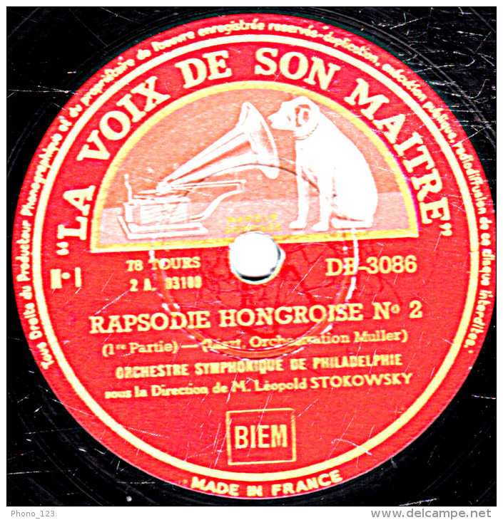 Disque 78 Trs - 30 Cm - état TB - ORCHESTRE SYMPHONIQUE DE PHILADELPHIE - RAPSODIE HONGROISE N°2 1re Partie Et Fin - 78 T - Disques Pour Gramophone