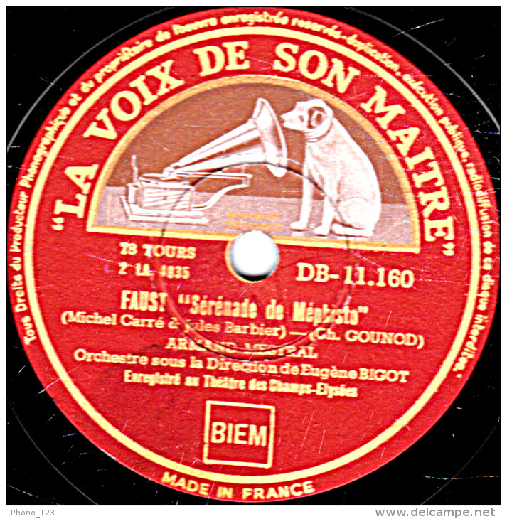 Disque 78 Trs  30 Cm  état EX  ARMAND MESTRAL - LE BARBIER DE SEVILLE  "Air De La Calomnie" FAUST "Sérénade De Méphisto" - 78 T - Disques Pour Gramophone