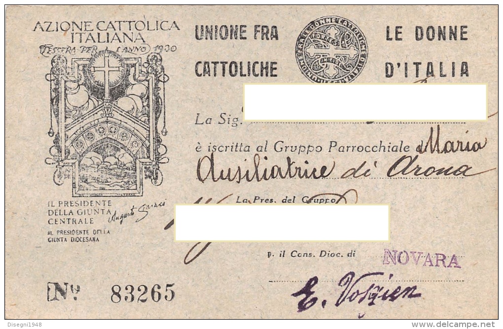 04204 "UNIONE FRA LE DONNE CATTOLICHE D'ITALIA - AZIONE CATTOLICA ITALIANA - TESSERA 1930" TESSERA SOCIALE ORIGINALE - Altri & Non Classificati