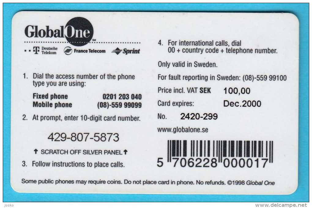 GlobalOne 100 Kr  ( Norway Prepaid Card ) GSM Remote Prepayee Carte - Norwegen