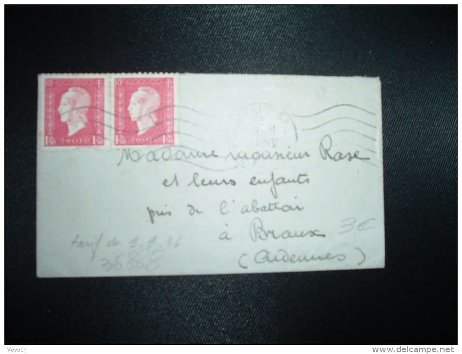 LETTRE MIGNONNETTE TP MARIANNE DE DULAC 1F50 X2 OBL.MEC.2  JANV 46 PARIS 51 + 2EME JOUR CHANGEMENT DE TARIF - 1944-45 Marianne De Dulac