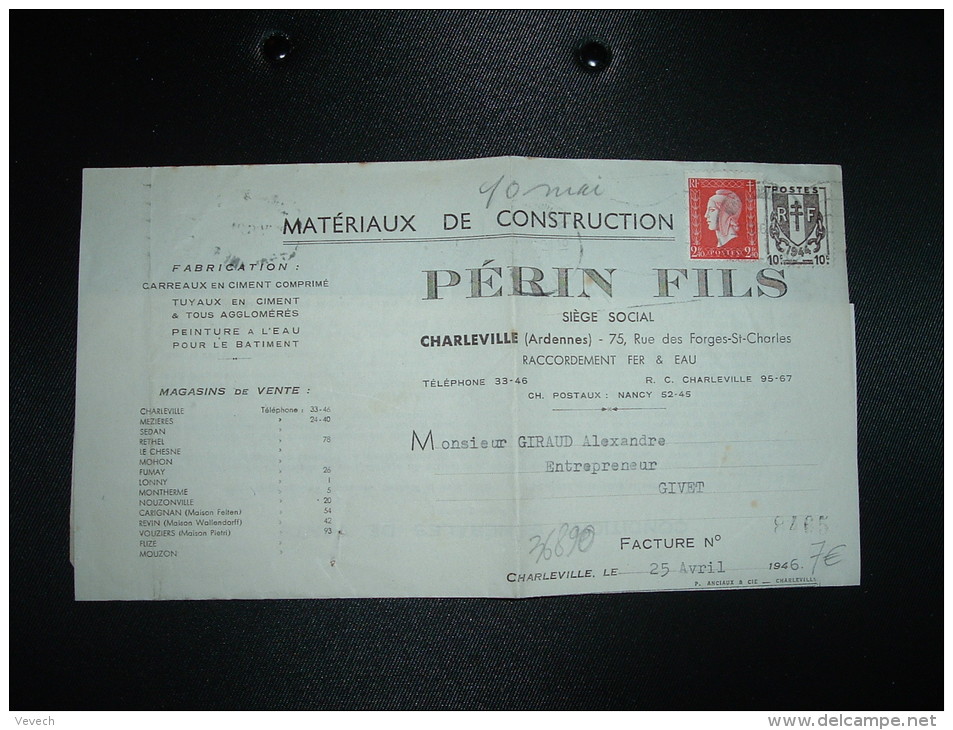 FACTURE TP MARIANNE DE DULAC 2F40 + TP CHAINES BRISEES 10c OBL.MEC.25 IV 46 CHARLEVILLE ARDENNES (08) PERIN FILS - 1944-45 Marianne Van Dulac