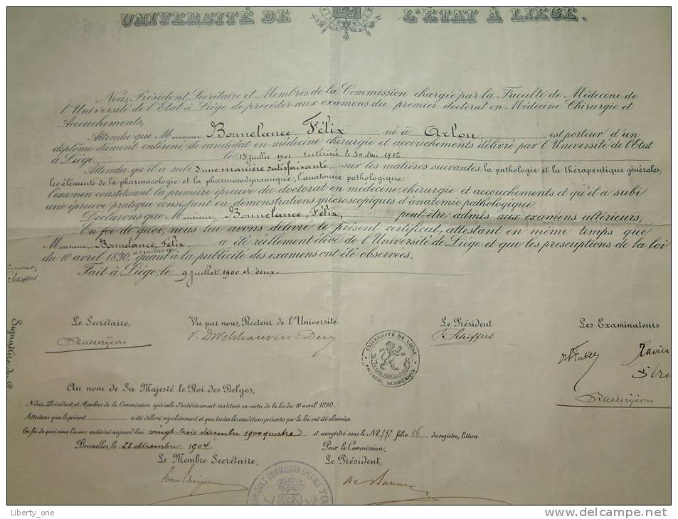 Université De L´état à Liège / Faculté De Medecine - Certificat De BONNELANCE Félix / Anno 1904 ( Details Zie Foto ) ! - Diplômes & Bulletins Scolaires