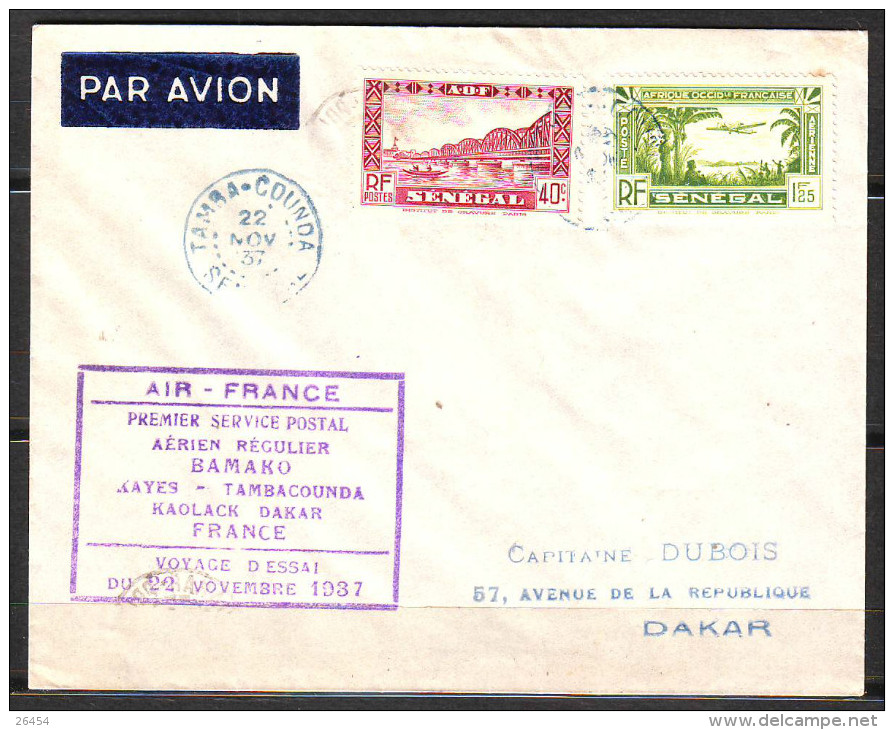 Lettre De TAMBA-COUNDA Senegal 1937 Voyage D Essai Du 22 Novembre 1937    AIR FRANCE - Luchtpost