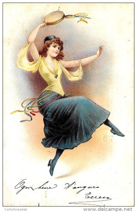 [DC4053] CARTOLINA - ILLUSTRATA DONNA CON TAMBURELLO - DANZE - Viaggiata 1902 - Old Postcard - Non Classificati