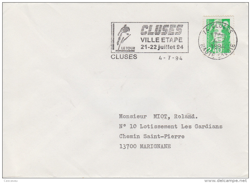 Enveloppe  Oblitération   Etape   TOUR  DE  FRANCE   CYCLISTE   CLUSES   1994 - Cycling