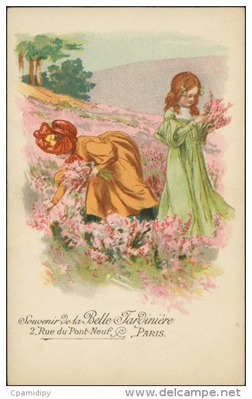 PUBLICITE /Souvenir De La Belle Jardinière-  Deux Jeunes Filles Cueillant Des Fleurs Dans Les Champs - Werbepostkarten