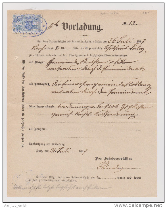 Heimat AG Sulz 1897-07-26 Vorladung Mit Stempelmarke - Fiscaux