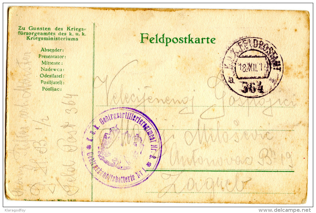 WWI K.u.k. Gebiergsartillerieregiment Nr. 2 Feldpostamt 364 Feldpostkarte Travelled 1917 Bb151015 - Militaria