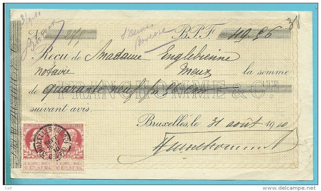 74 Op Recu Met Stempel BRUXELLES, Firmaperforatie (perfin) " F.C." Van FRANCHOMME & Cie ,stempel MEUX + ST-DENIS-BOVESSE - 1909-34