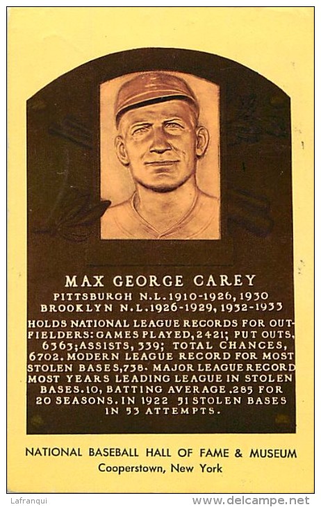 Ref  J723-max George Carey -national Baseball Hall Of Fame And Museum -new York - Usa  -carte Bon Etat  - - Baseball