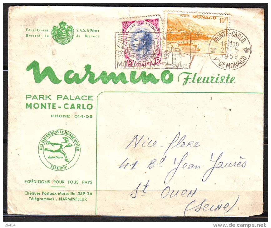 Lettre PUBLICITAIRE De MONACO Le 27 5 1959 Avec 2 Timbres  " NARMINO Fleuriste PARK-PALACE " - Cartas & Documentos